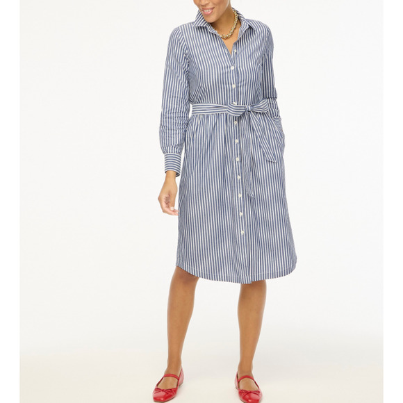 J.Crew Navy White Cotton Shirt Dress Striped Long Sleeve Collared Size L Classic - Picture 1 of 11